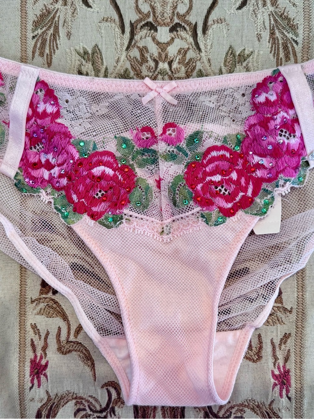 Victoria's Secret Light Pink Lace Bikini with Fuchsia Rose Embroidery